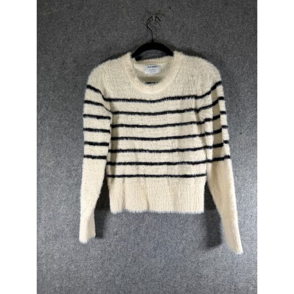 Old Navy Sweater Women XS White Eyelash Party Striped Pullover Stretch Casual - Picture 1 of 8